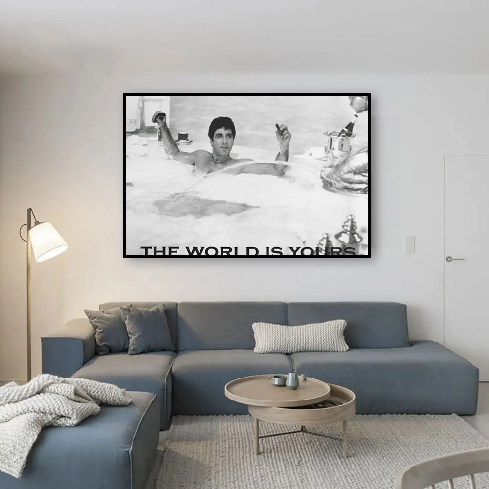 The World Is Yours Motivational Quote Scarface Movie Poster Prints Canvas Wall Art Man Bath Tub Painting for Bathroom Home Decor
