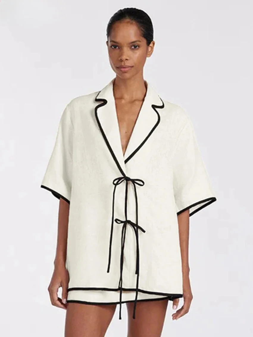 Clacive Summer Loose Beige Cotton 2-częściowe zestawy damskie Outfit 2025 Casual Half Sleeve Shirt With High Waist Mini Skirt Set Female — zdjęcie 2