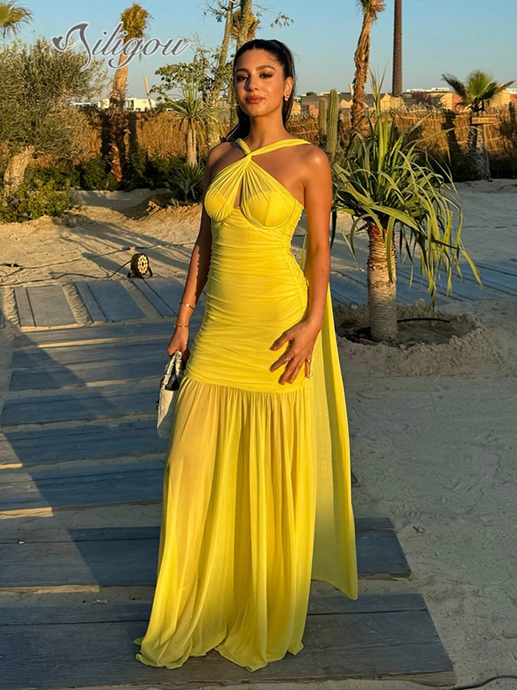 Ailigou 2024 New Summer Women'S Yellow Sexy Backless Sleeveless Hollow Out Pleated Long Dress Elegant Celebrity Party Dress