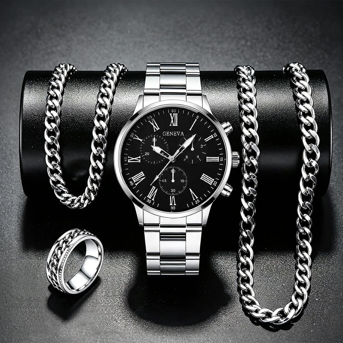 4-Piece Business Men's Stainless Steel Quartz Watch Set with Bracelet, Necklace, Ring, Decorative Gift, for Daily Wear