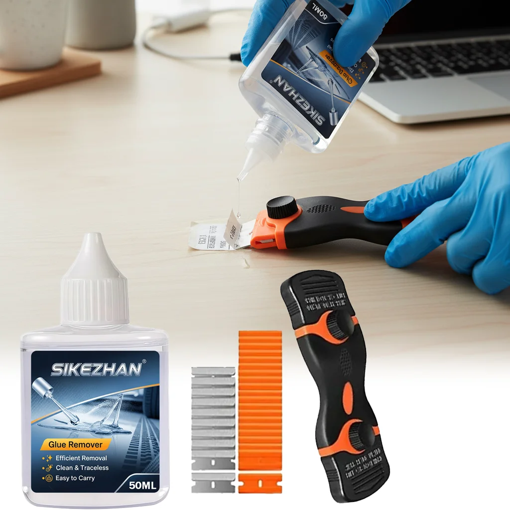 Adhesive Cleaner Kit – Remover + Scraper (Plastic/Metal Blades), Removes Decals & Double‑Sided Tape, Multi‑Surface Use
