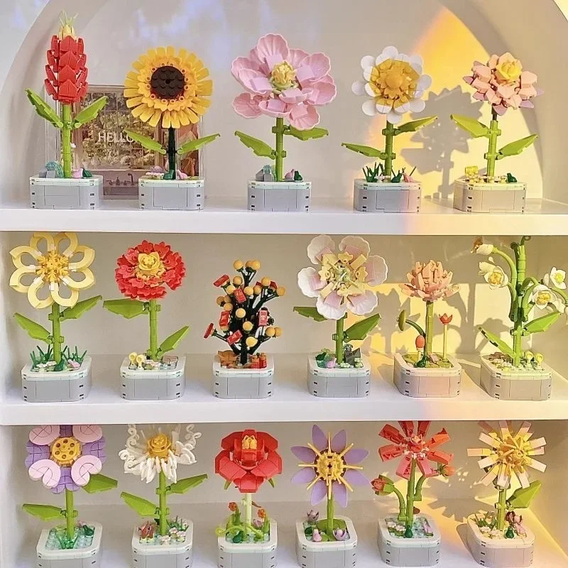 Bloc de construction de fleurs de tulipe, Bouquet perpétuel, modèle 3D, décoration de la maison, plante en pot, briques d'assemblage, cadeaux de saint-valentin pour enfants