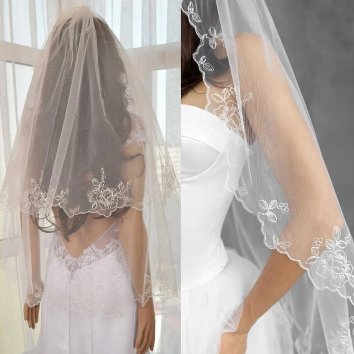 

Single Layer Wedding Bridal Veil Embroidery Lace Wedding Veil Edge Bride Supplies with Comb Customized