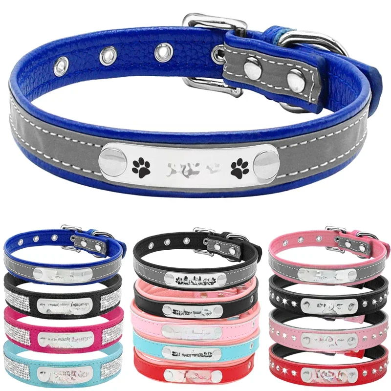 Custom Leder Hund Katze Kragen Personalisierte Strass Welpen Kragen Gravierte Pet Halsbänder für