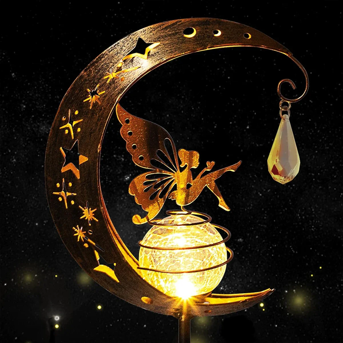 NONE Globe en verre craquelé avec piquet d'ange, lumière de décoration solaire, lumière de nickel ation de lune, lampe d'extérieur, jardin 3