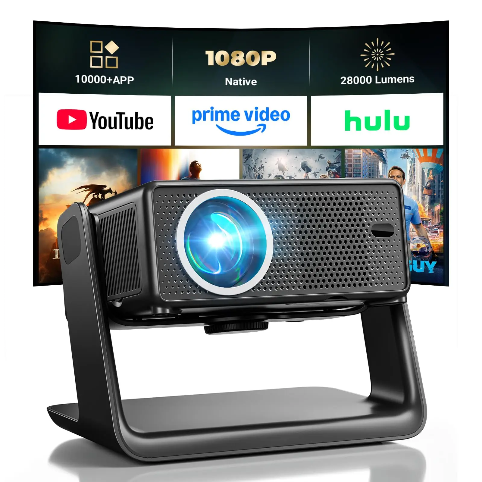 Projector Netflix Compatible 28000 Lumens, Mini Projector 4K Supports Native 1080P, Wifi 6 and Bluetooth, Electric Focus and 4D Keystone, 100,000+ Apps, Home Theater/Outdoor