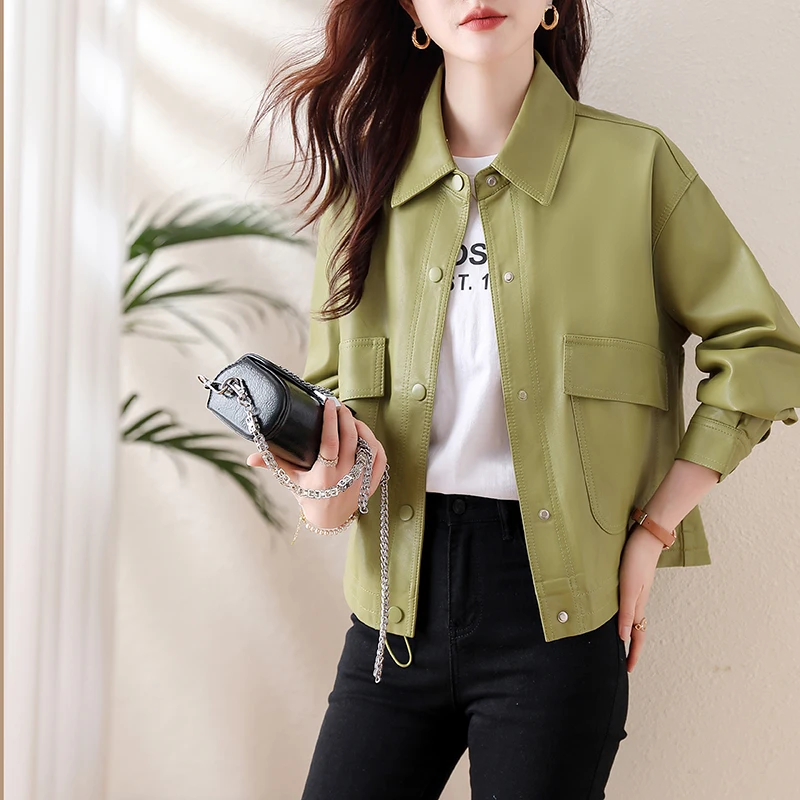 Style Aso Women Spring Autumn Short Fakable Leather Jacket Kara Loose-fit soft leather jacket JP0504