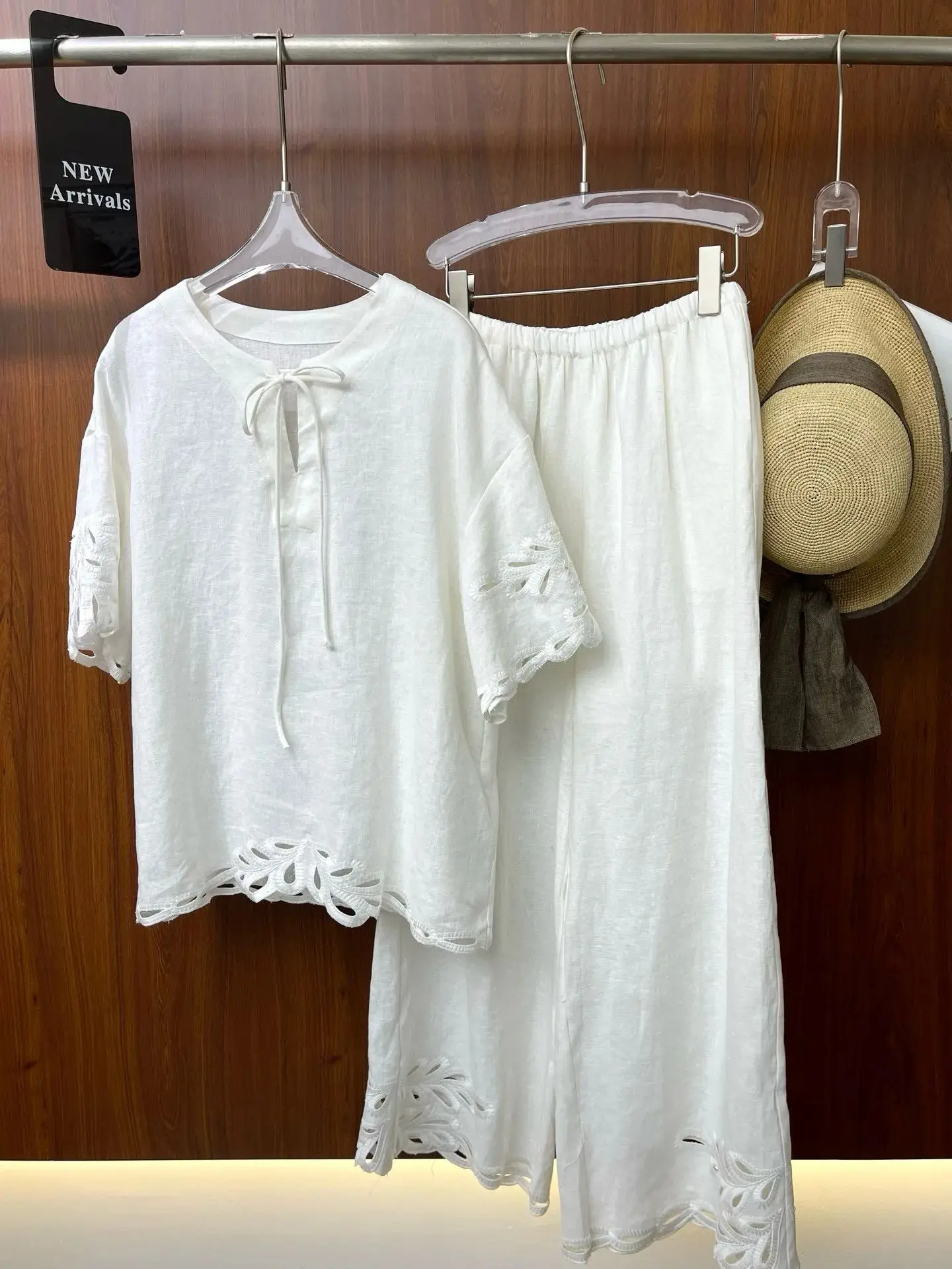 Summer women's french retro hollowed-out 100% linen suit