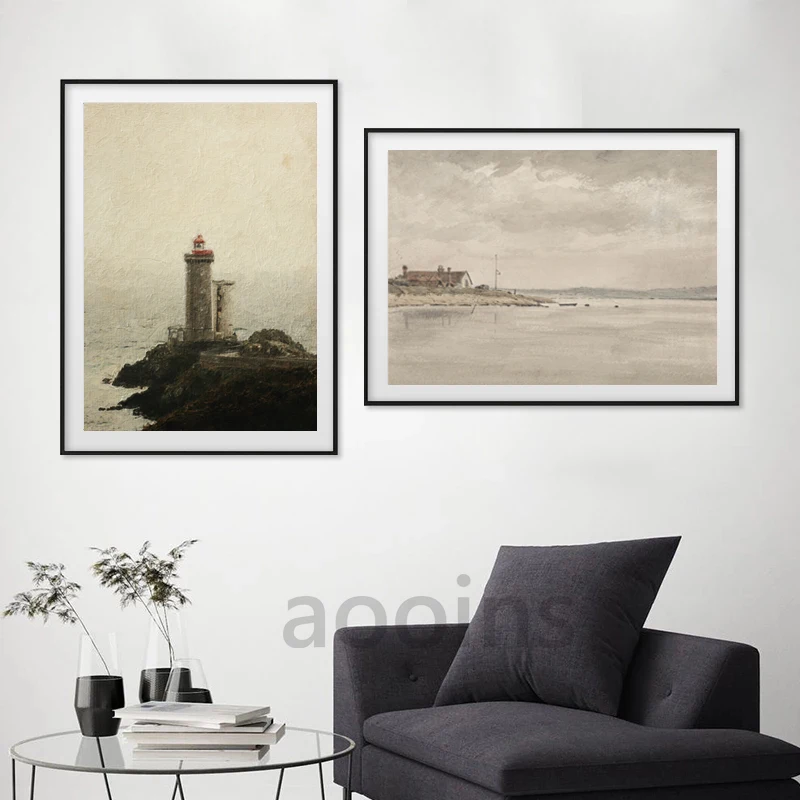 Moody Seascape Vintage Oil Painting Canvas Poster Neutral Coastal Gallery Wall Art Print Beach Landscape Pictures Nautical Decor