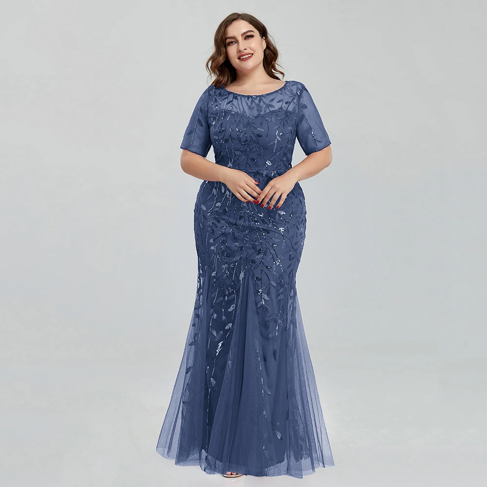 2023 plus size lantejoulas malha sereia vestido de noite fino frisado folhas padrão formal feminino elegante festa de formatura vestidos manga curta