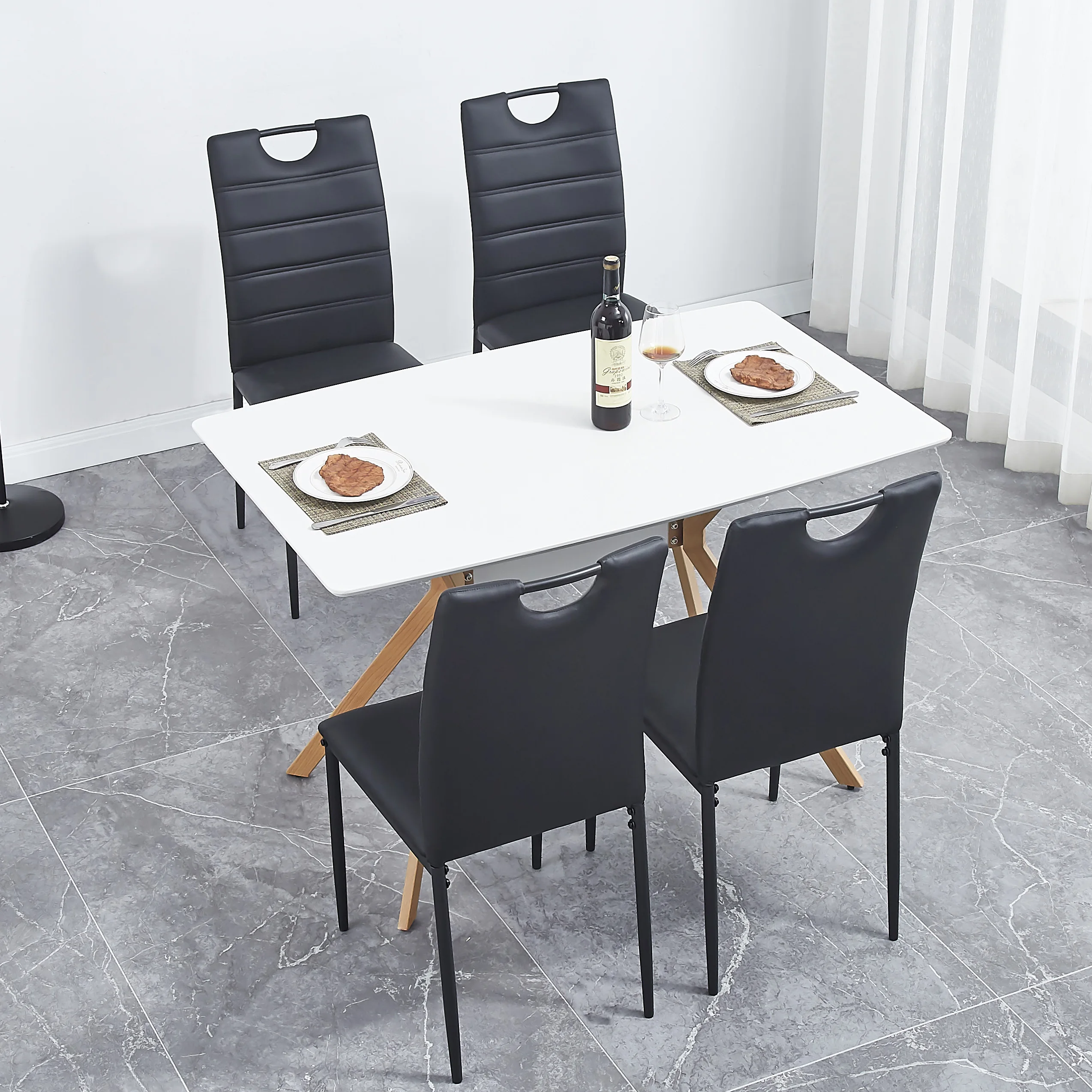 5pcs Dining Table Chair Set for 4 People 1 Fashion Dining Table + 4 Leather Chairs W/Cushion&High Back[US-W]