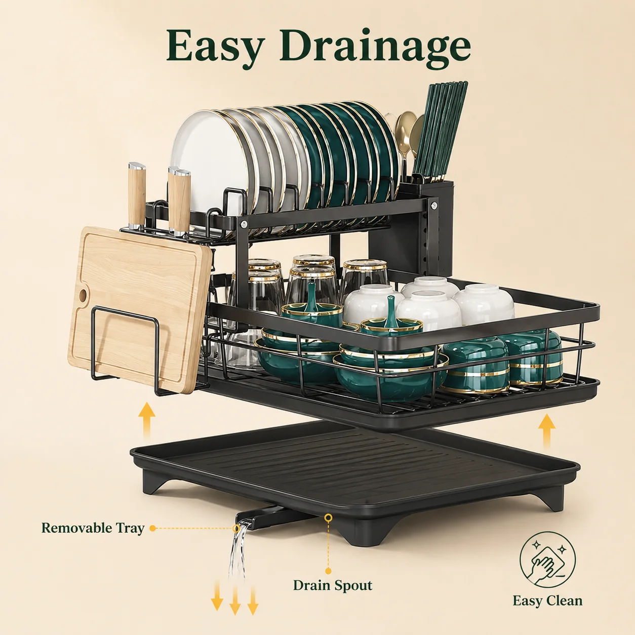Escurridor de Platos de 2 Niveles para Encimera de Cocina, Escurridor de Platos de Metal Negro de Gran Capacidad con Rotación de 360 Grados ° Escurridor Giratorio con Bandeja Extraíble, Soporte para Utensilios y Tabla de Cortar, Organizador de Cocina que Ahorra Espacio para Platos, Tazones y Tazas