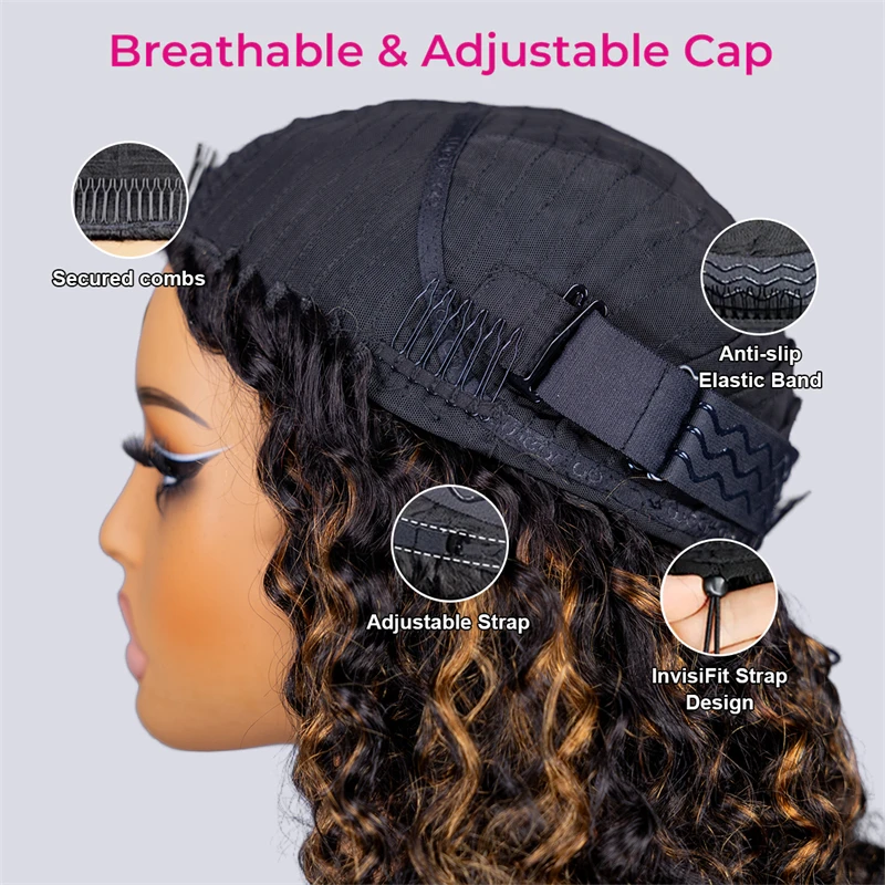 Vshow 1b/30 destaque usar ir meia peruca onda de água sem cola 100% perucas de cabelo humano virar sobre peruca de cabelo encaracolado iniciante amigável