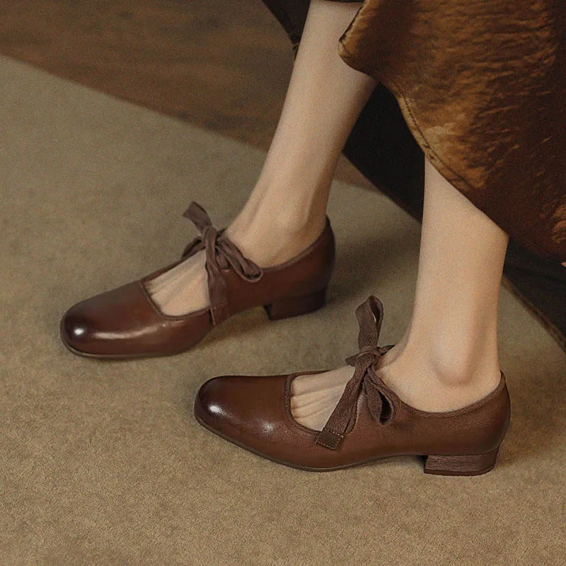 Women's Genuine Leather Mary Jane Flats with Ribbon Bow Tie Low Block Heel Round Toe Pumps Tap Dance Ballet Shoes 2025 Hot Sales