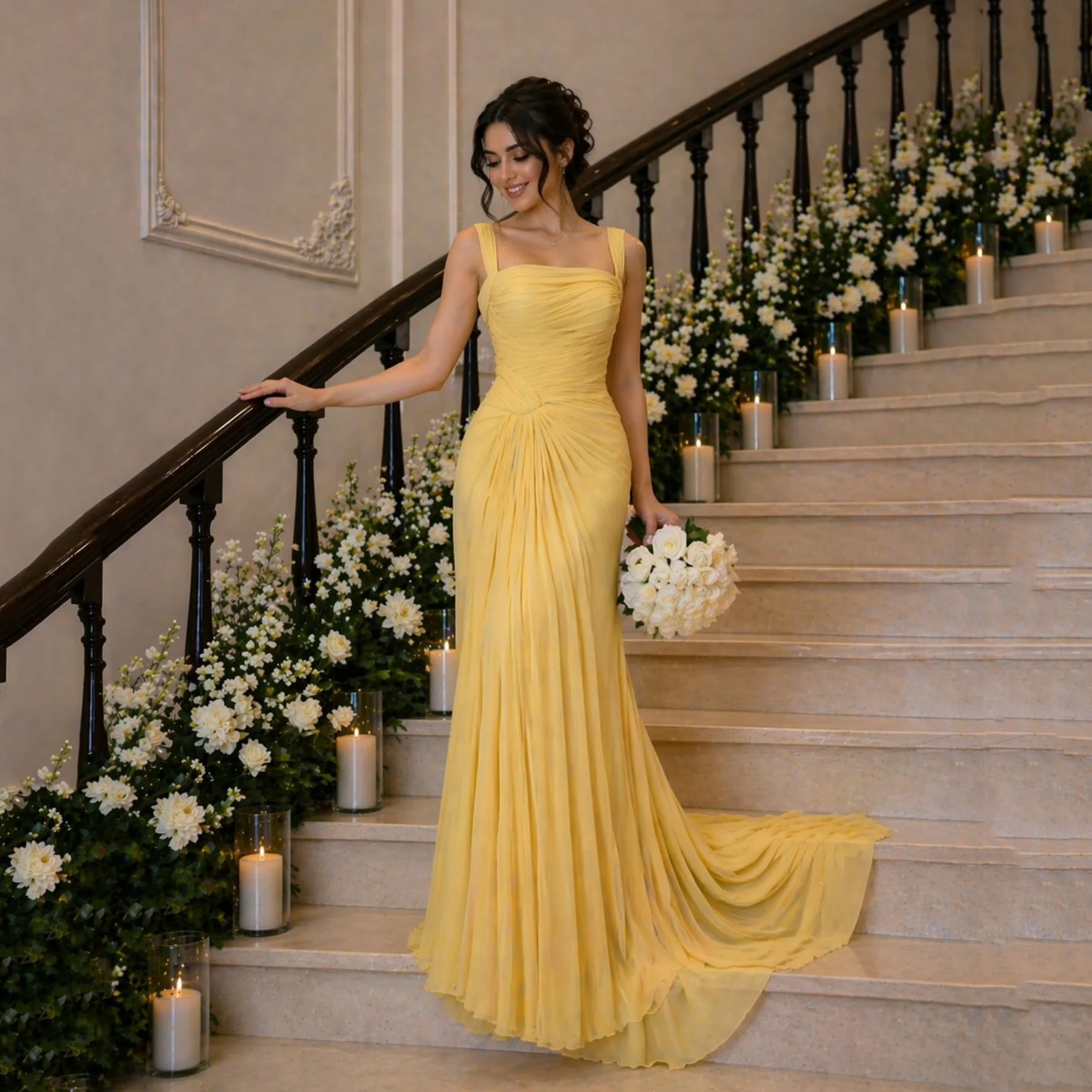 

Msikoods Customized Yellow Pleated Ruched Evening Dresses A Line Square Collar Party Dresses robes de soirée Formal Prom Dress
