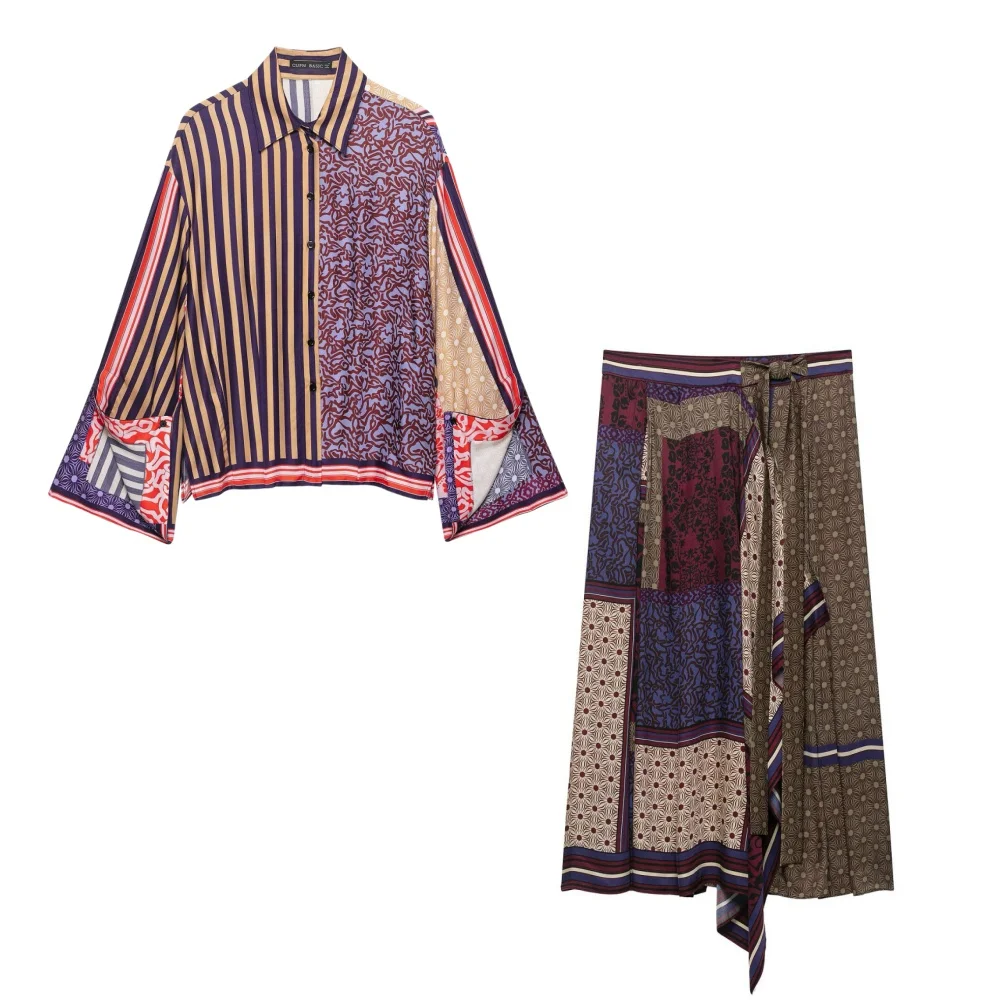 Womens Boho Geometric Print Two Piece Set Turn Down Collar Blouse Wrap Midi Skirts Suit Casual Chic Streetwear Matching Sets