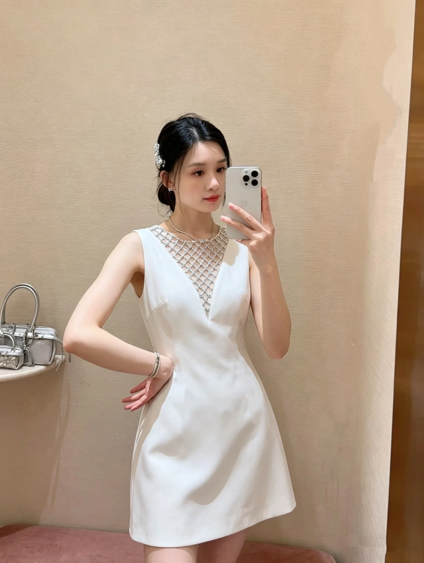 Women New Fashion Summer Silk Blend Sleeveless Casual Grace Slim Waist Heave Beading Short Above Knee Formal Cocktail Full Dress