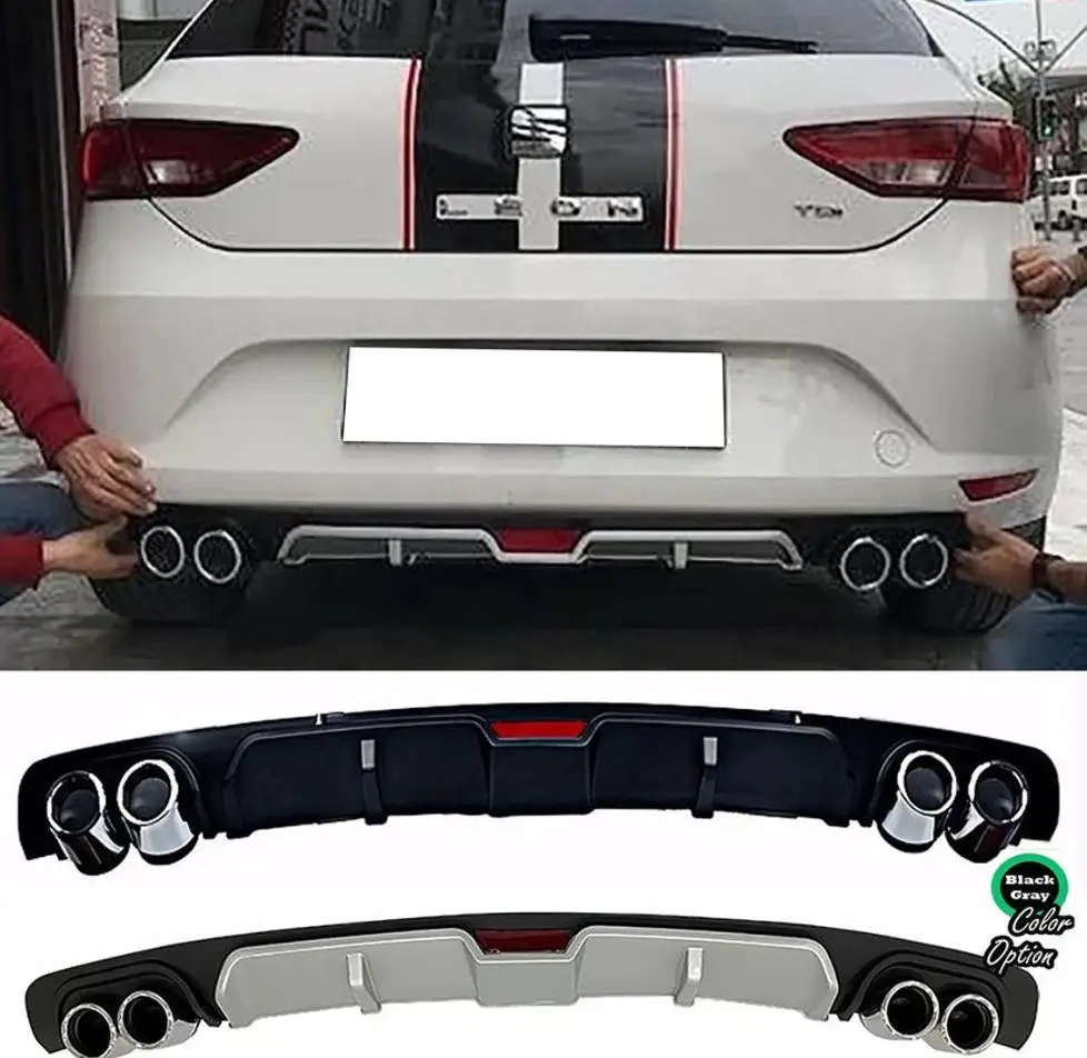 For Seat Leon Mk3 Style Rear Diffuser Diffusor Black or Gray + Four Chrome Exhaust View 2012 - 2016 - Spoiler Front Lip Chrome