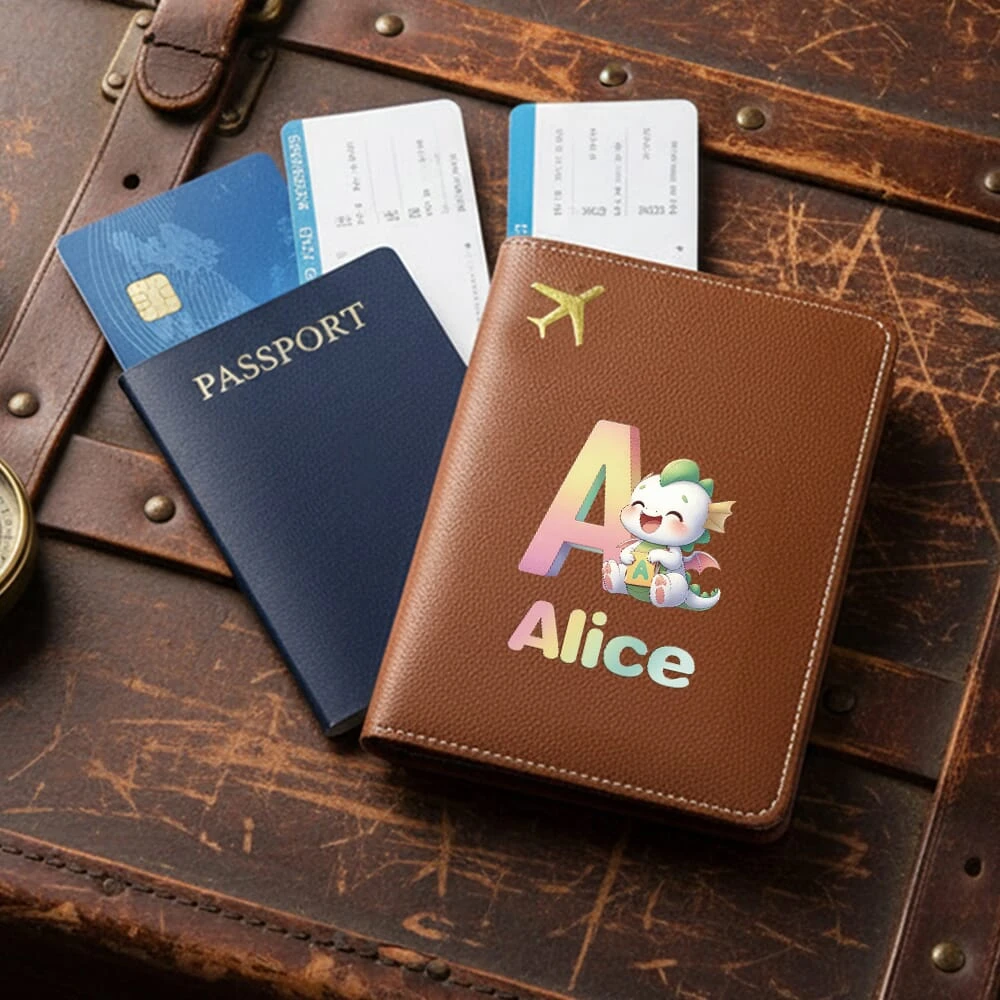 

Brown Dinosaur Letter Passport Holder Slim Travel Wallet Custom Name DIY ID Card Protector Travel Gift