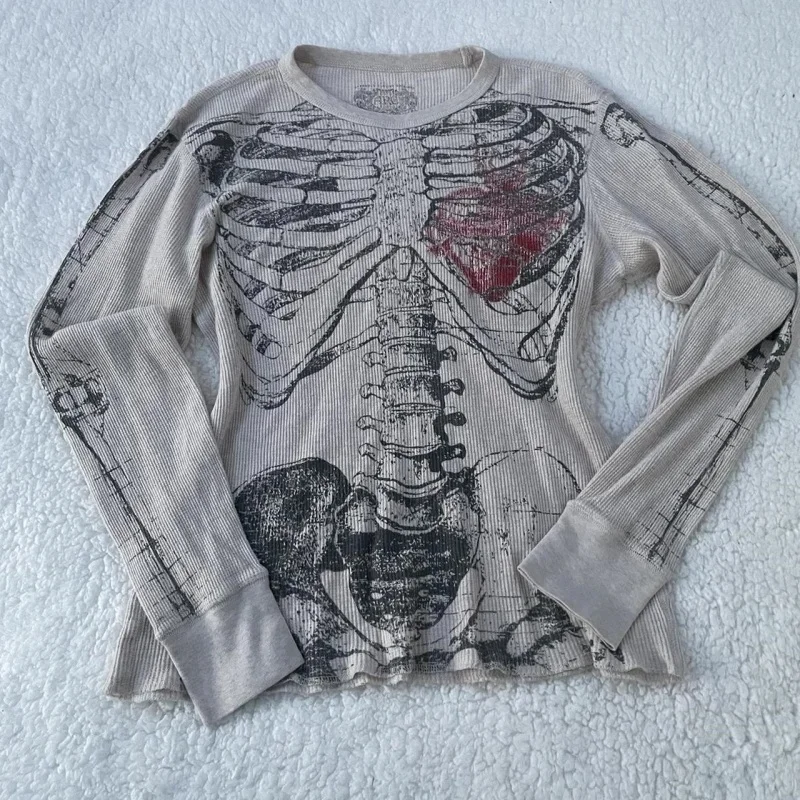 2000s Y2k Women Tops Harajuku Retro Gothic Skeleton Graphic Printed T shirt Hip Hop Tee shirt Estetyczna odzież uliczna z długim rękawem — zdjęcie 2