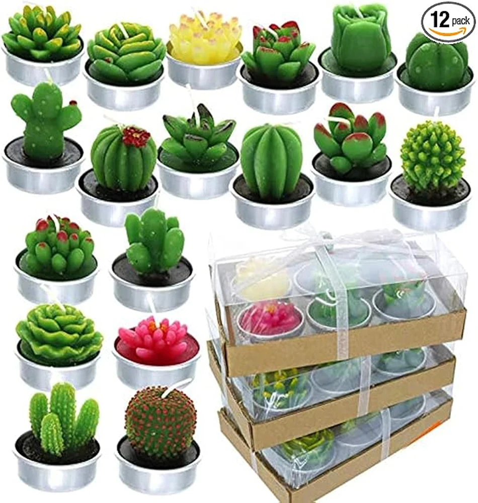 Cactus Tealight Candles,12 Pieces Handmade Delicate Succulent Cactus Candles for Party Wedding Spa Home Decoration Gifts