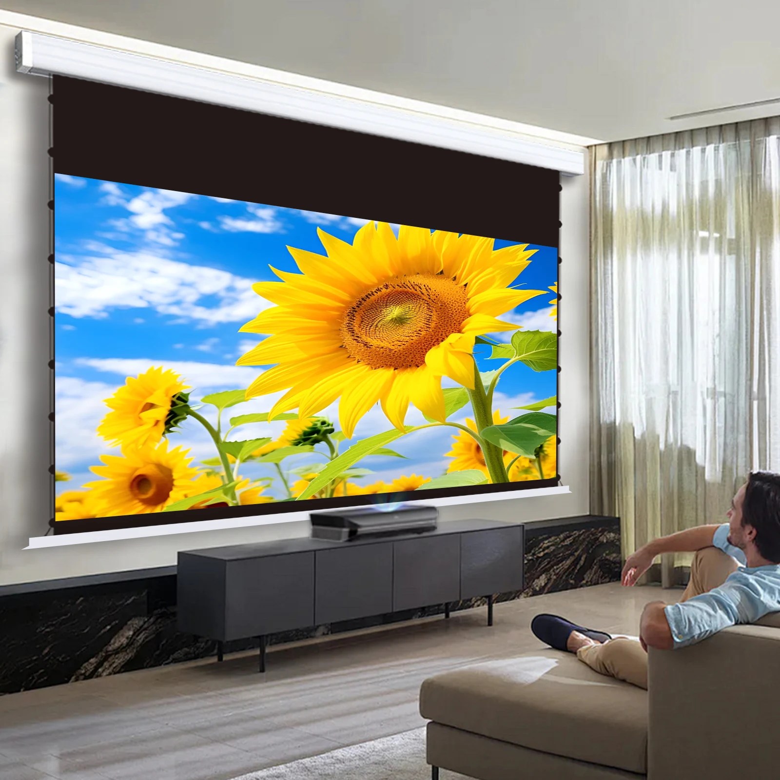 2026 New 16:9 HDTV 4K ALR Black T-Prism Projection Screen 150'' Motorized Tab-tensioned Pull Down Projector Screen Home Theater