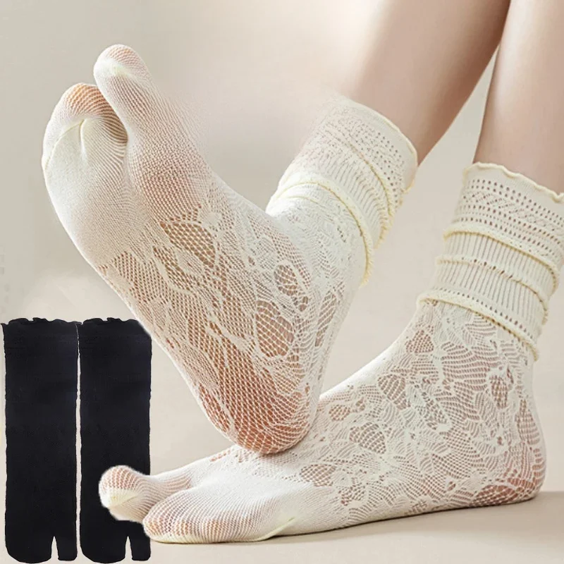 Mode japonaise Tabi orteil chaussettes femmes été Sexy dentelle deux doigts chaussettes maille respirant solide Transparent fendu Tabi orteil chaussettes