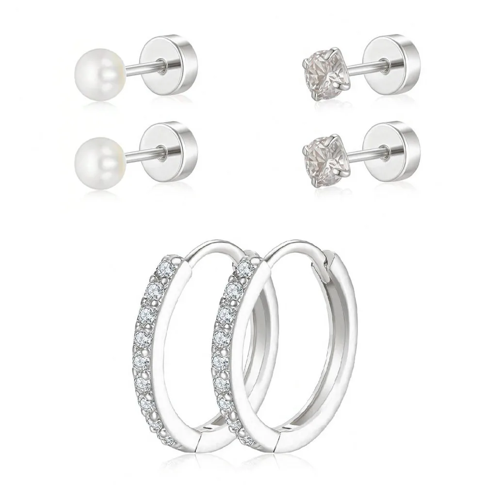 3 Pairs Dainty Huggie Stack Hoop Imitation Pearl Stud Set for Women, 14K Gold Plated Hypoallergenic Trendy CZ Cartilage Earrings