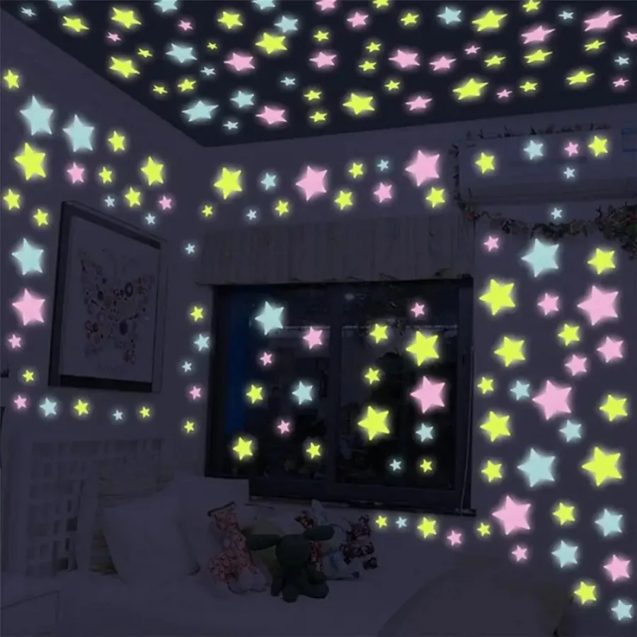 100 piezas de pegatinas de pared de estrellas luminosas, reutilizables: adecuadas para el hogar, el hotel, el dormitorio, el techo y la pared | Decoración de sala de fiesta