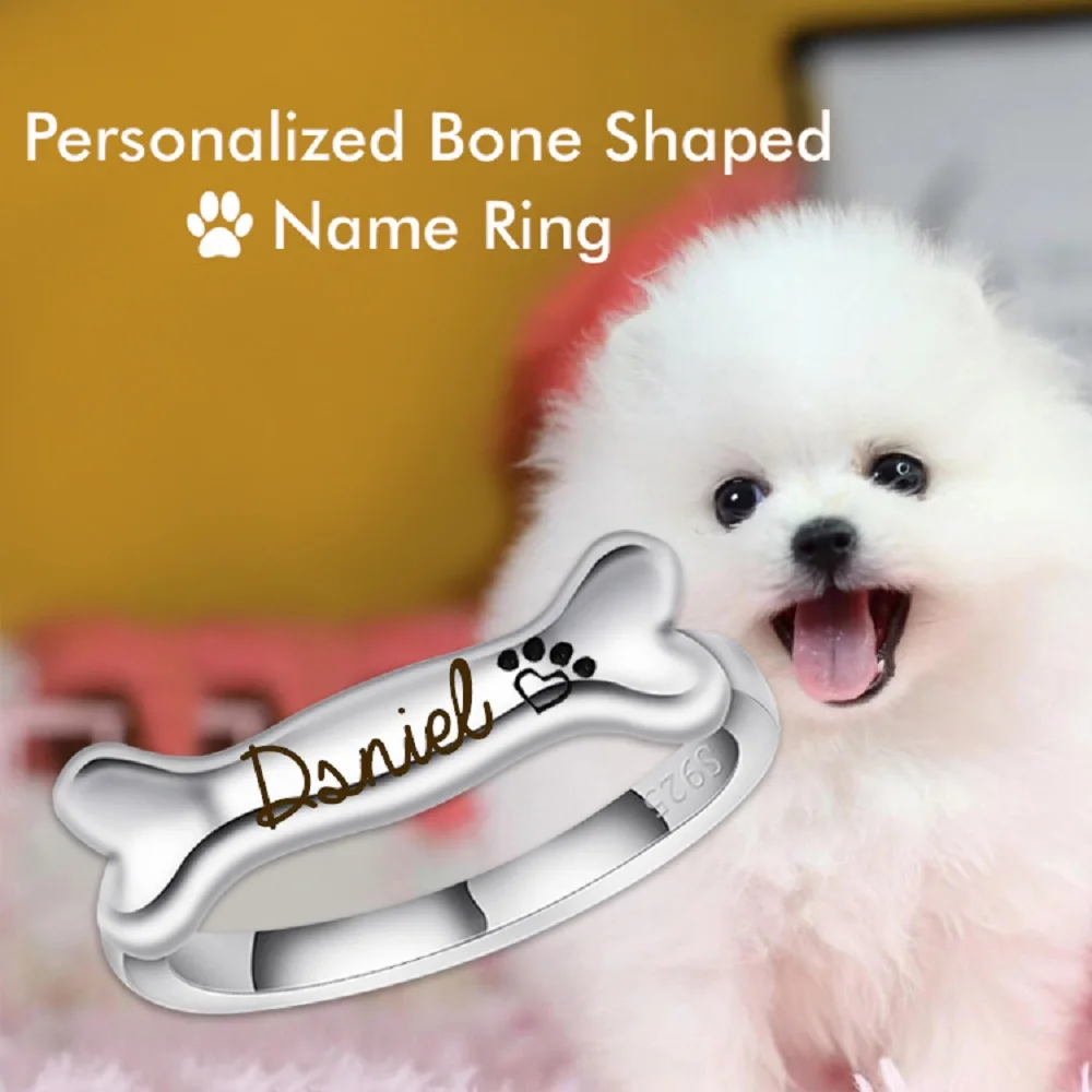 Personalized Dog Bones Name Ring For Women Custom 925 Sterling Silver Engraved Name Pet Finger Ring Jewelry Gift For Pet Lovers