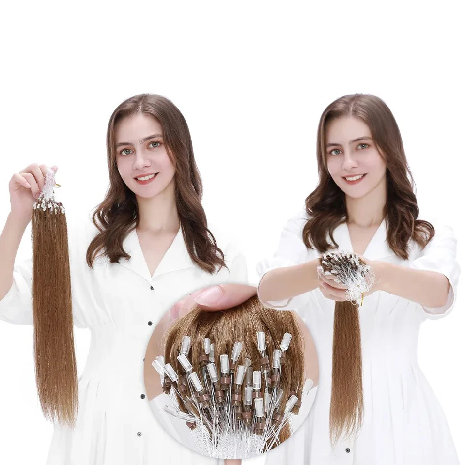 Extensiones de cabello humano brasileño Remy para mujer, Micro anillo recto, bucle de cuentas, preenlace, 50 hebras, Nano anillo