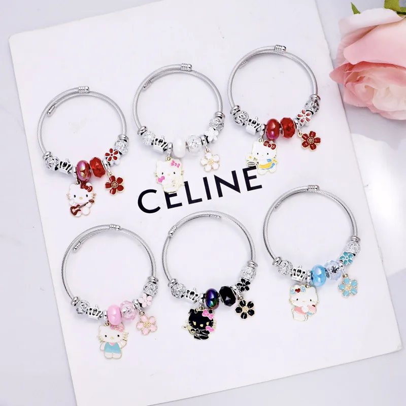 Anime Sanrio Hello Kitty Bracelet Zinc Alloy Fashion Cartoon Drip Oil Kawaii Bracelet Pendant Accessory