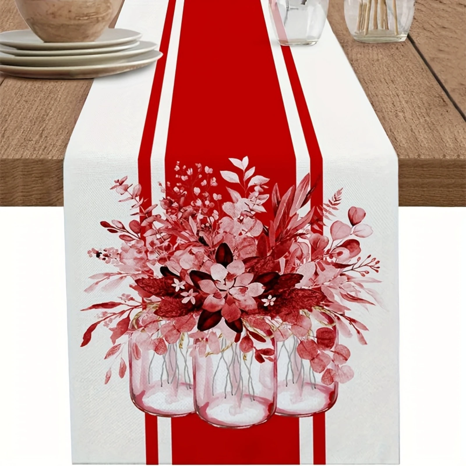 Red & White Eucalyptus Table Runner JFloral & Geometric Stripe Design Perfect for Valentine's Day Dining Room Kitchen Decor