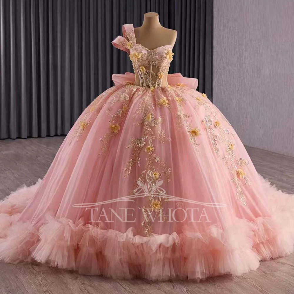 

Vestido Quinceañera 2025, роскошное розовое бальное платье на одно плечо с блестками по индивидуальному заказу, платье Quinceanera с цветком