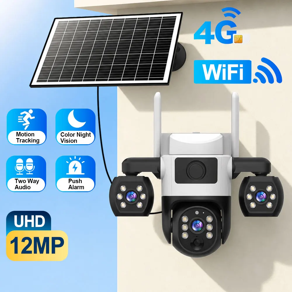 Caméra de sécurité solaire 12MP UHD à 3 objectifs, caméra PTZ extérieure 4G/WiFi, vision nocturne couleur, suivi automatique, audio bidirectionnel, caméra de surveillance CCTV