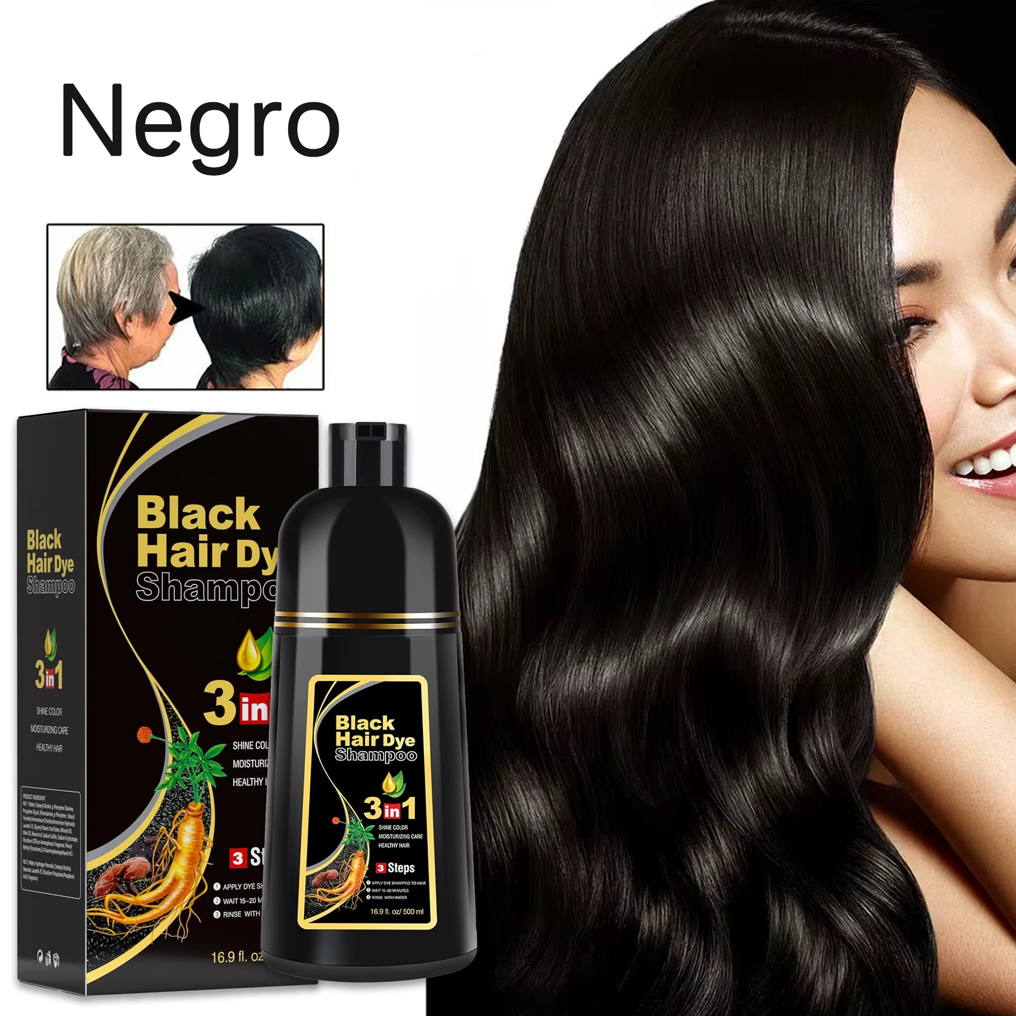 Champú colorante 3 en 1. Coloración rápida en 15 minutos. Especialmente diseñado para cubrir las canas. Contiene ingredientes herbales. Apto para hombres y mujeres. 500 ml. Producto para el cuidado del cabello.