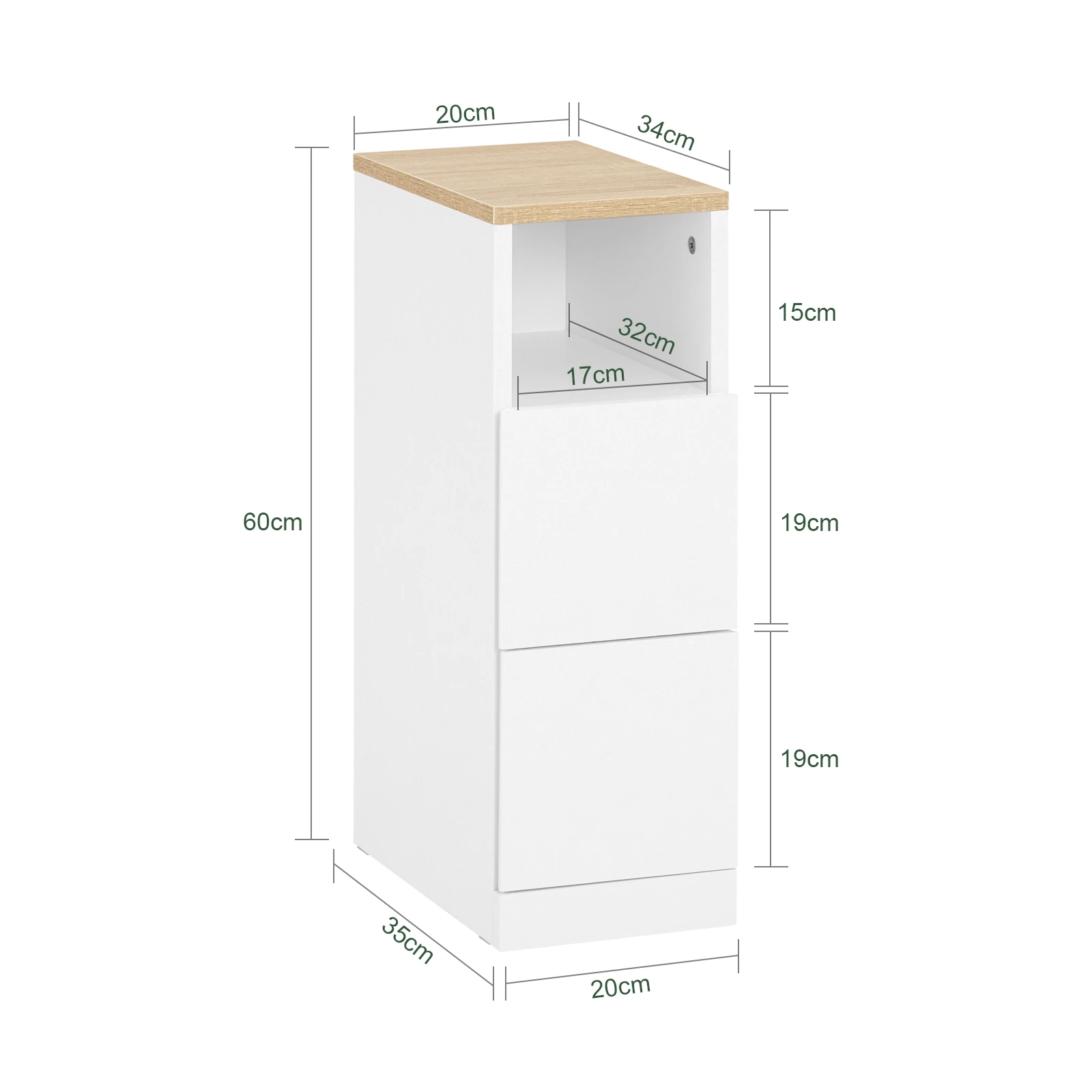 SoBuy FBT149-WN Nachttisch schmal mit 2 Schubladen und Ablage, Nachtkästchen für Schlafzimmer Weiß B20 x T35 x H60cm – Detail 1