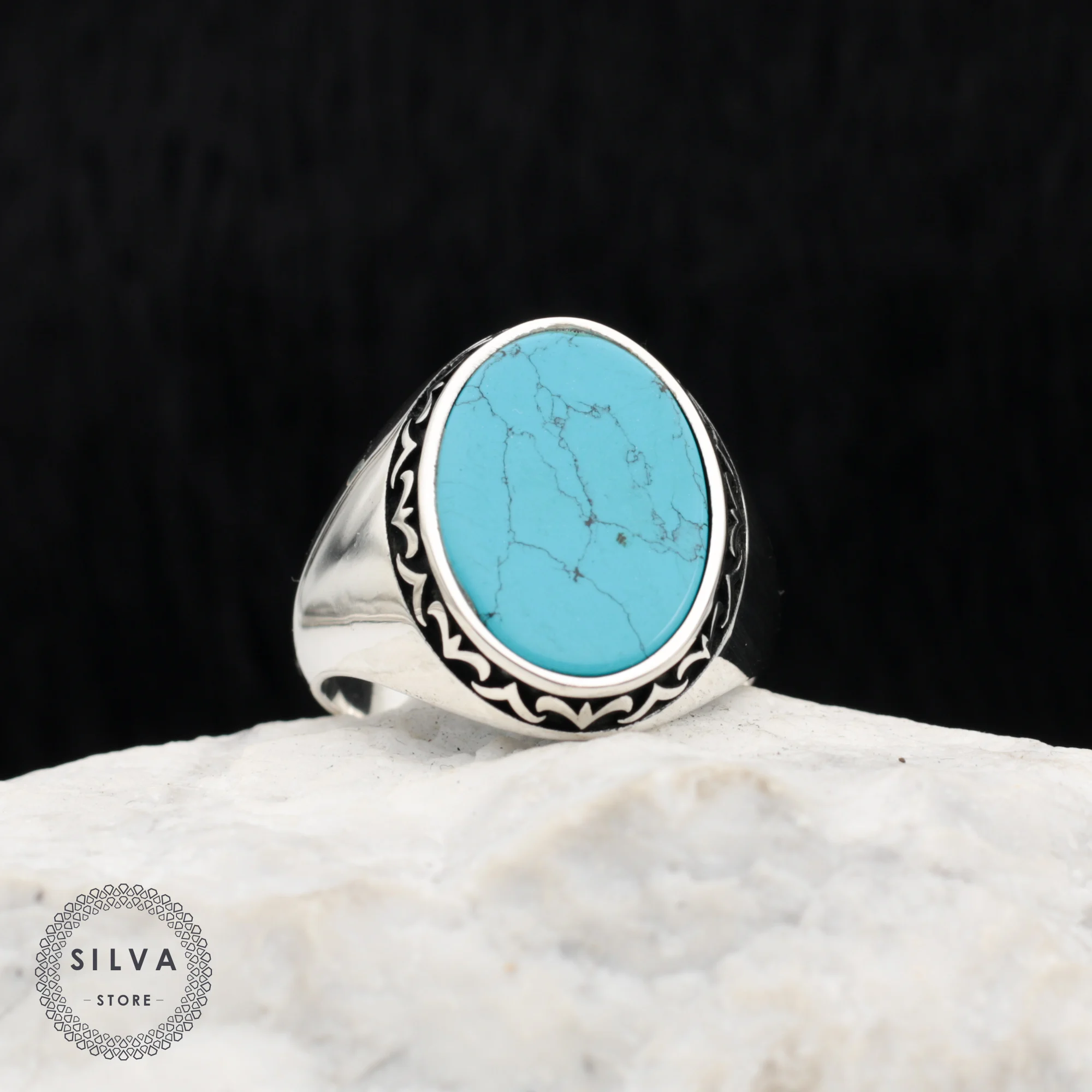 Pure Sterling 925 Silver Men's Ring With Stone Turquoise Made in Turkey Male Gift Accessories High Quality Fashion Jewelry