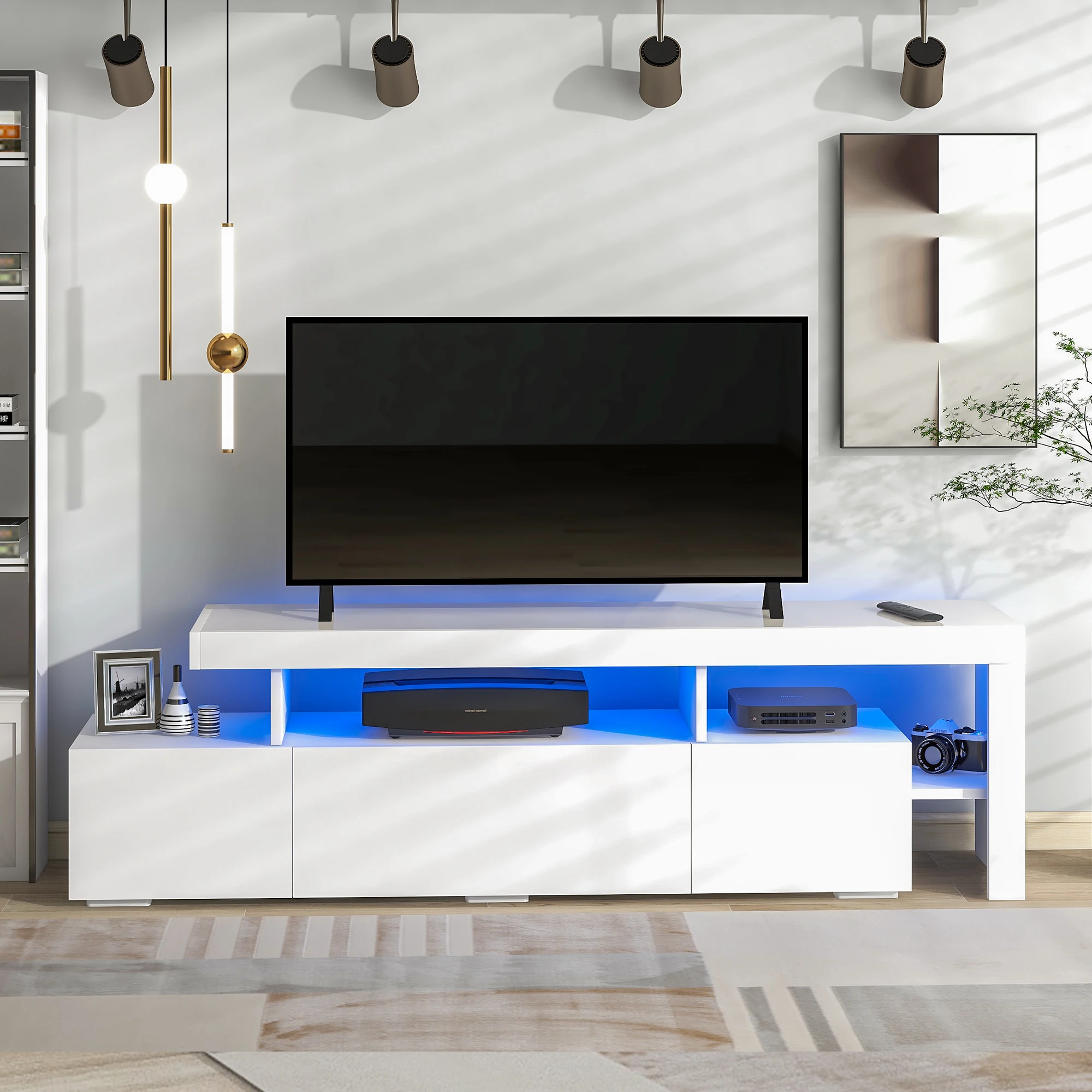 Modern Style 16-Colored LED Lights TV Cabinet Stand UV High Gloss Surface Entertainment Center with DVD Shelf Up to 70 inch TV