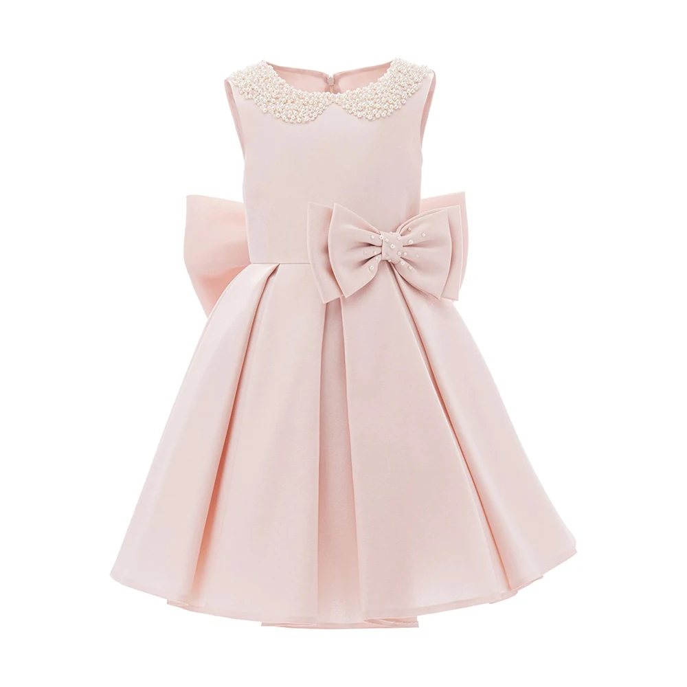 

Customized Princess Flower Girl Dress Pink Satin Pearls O Neck Pleated A Line Flower Girls Gowns Midi Bow Knee Length Party Gown