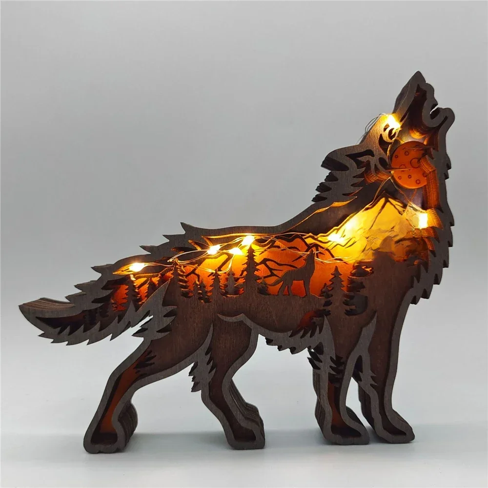 Décoration de la maison ornements en bois Animal petit loup wapiti et ours brun Statue Figurines lumière LED ornements de bureau artisanat cadeaux