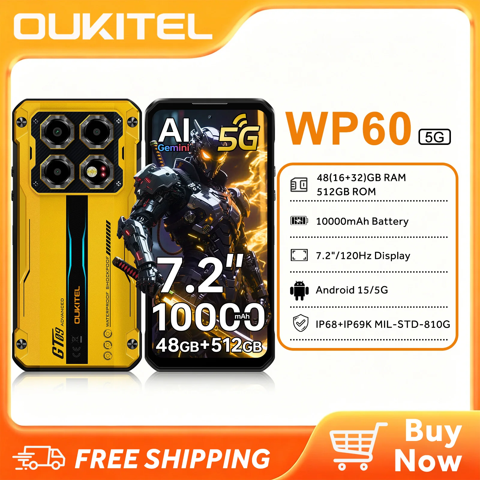 OUKITEL WP60 5G Robustes Smartphone, Entsperrt, 7,2-Zoll-Display, 10000mAh/33W, 48GB RAM+512GB ROM/TF 2TB, 108MP Kamera, IP68/IP69