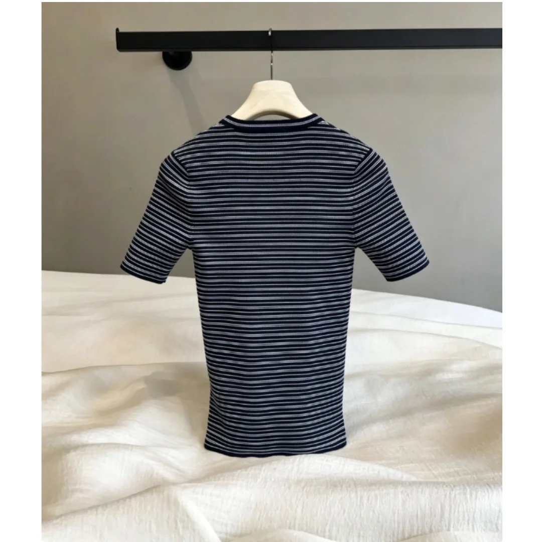

Summer New Style Women's Fashionable Blue-black Fine Stripe Knitted Short-sleeved Top