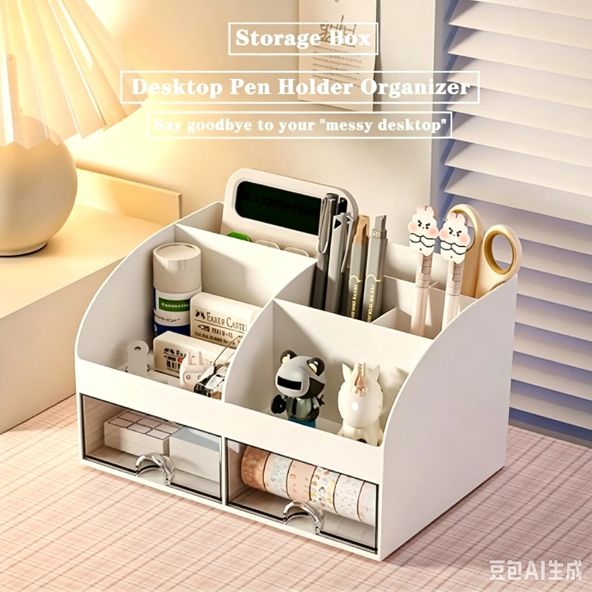 Desktop Desk Organizer with 6 Compartments 2 Drawers Plastic Pen Holder Multifunctional Desktop Storage Box Makeup Organizer for Home Office School Stationery Supplies