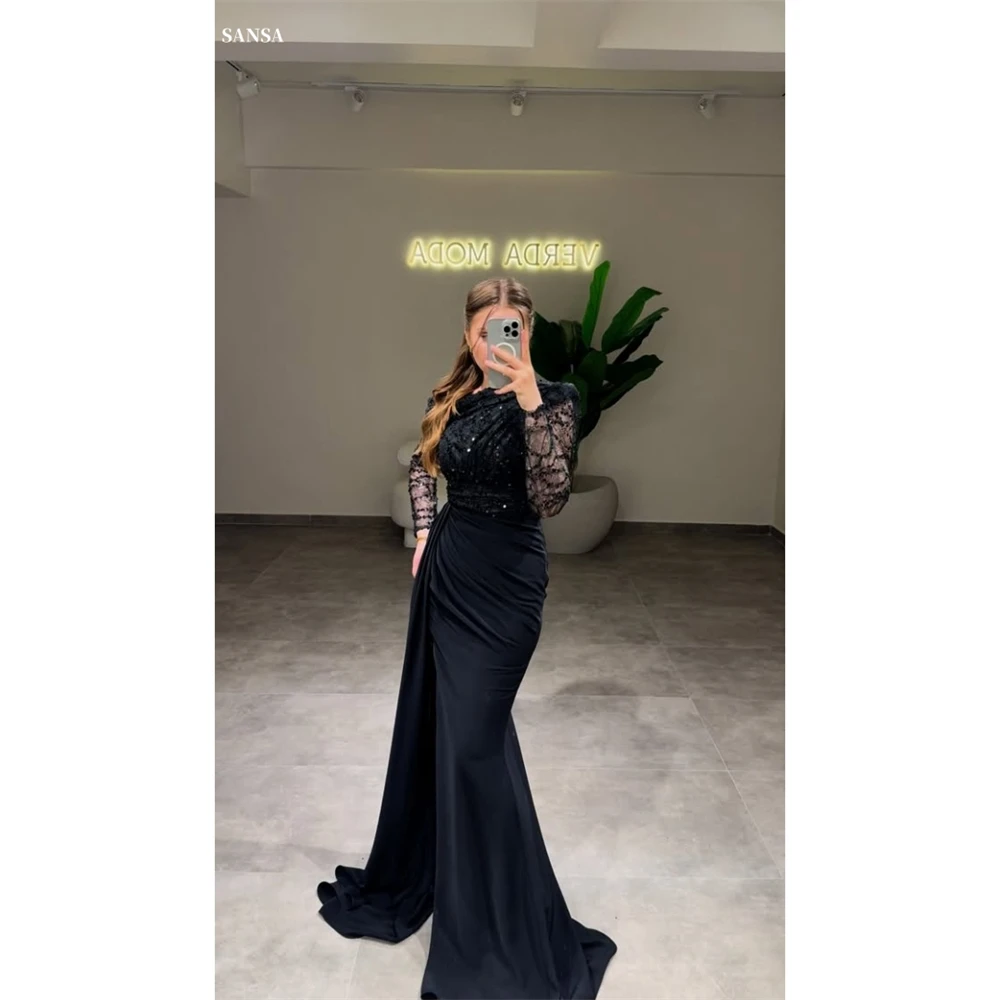 

Sansa Customized Black Mermaid Side High Split Pleats Prom Dress Long Sleeve Vestidos De Noche Floor-Length Formal Evening 2025