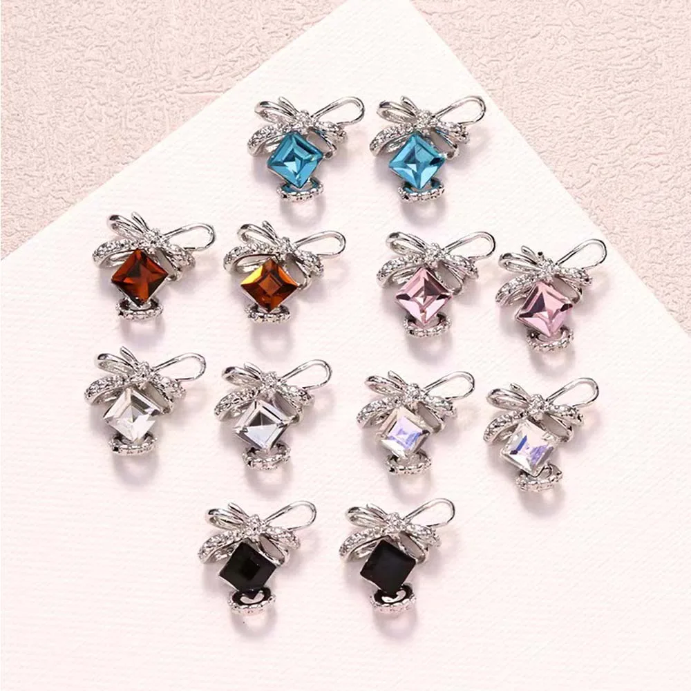 10Pcs Zircon Crystal Nail Art Charms 3D Alloy Light Luxury Bow Square Drill Nail Art Rhinestones Shiny DIY Manicure Accessories