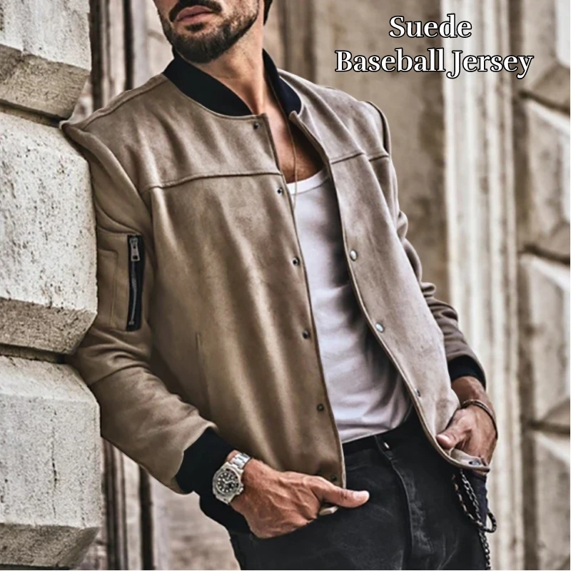 Baseall-Classic Suede Leather Jacket for Men, Casual Coat for Hiking, Camping, Cycling Fashion Stand Collar Outerwear, Autumn
