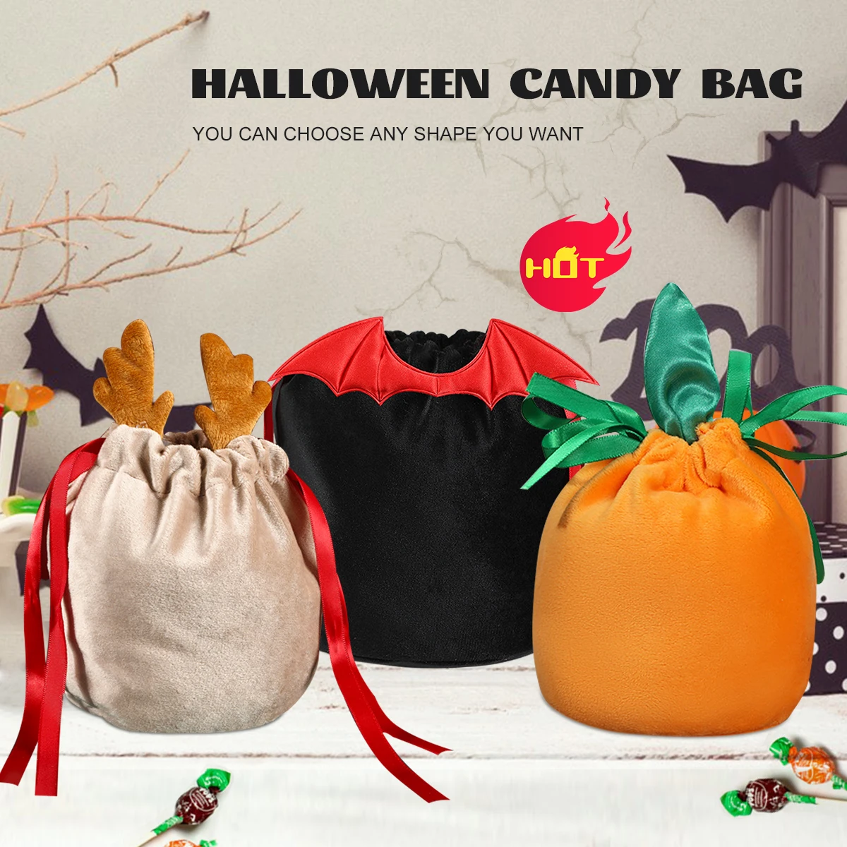 

10/20Pcs Halloween Gift Bags Red Black Bat Ears Trick or Treat Velvet Candy Packaging Bags Gift Box Pumpkin Party Favors