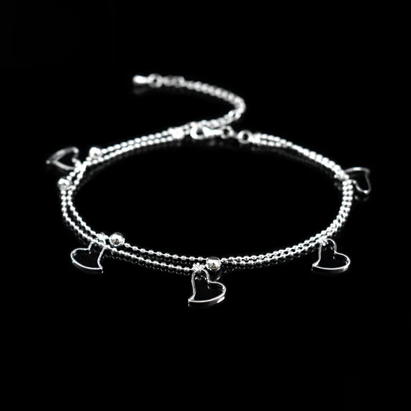 Nowa moda 925 Sterling Silver Heart Pendant Anklets Biżuteria damska Dwuwarstwowy mały koralik Gwiazda Charm Bransoletka z łańcuszkiem na nogę — zdjęcie 2