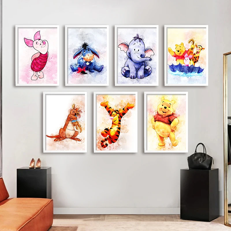 MINISO Disney Watercolor Arts WINNIE POOH Poster and Printed Cartoon Tigger Canvas Arts Painting Wall Art Home Decoration Images